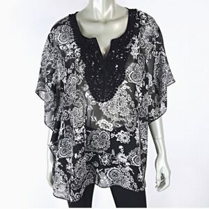 Overdrive Women's Flutter Sleeve, Lace Trimmed Blouse Sz 1x